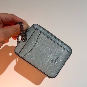 Coach Pebbled Leather Zip Card Case Wallet - Baby Blue with Silver Chain